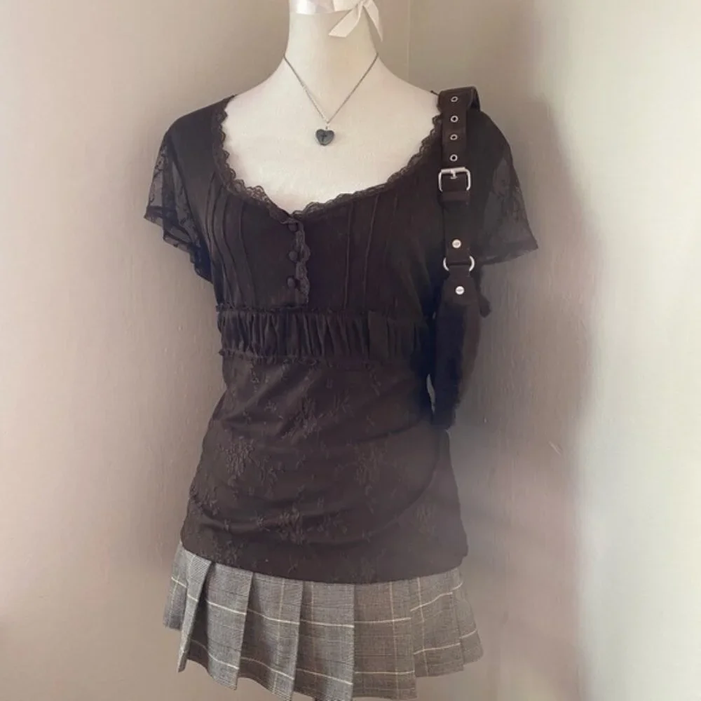 Brown Lace Button-Up Top - Picture 3 of 6